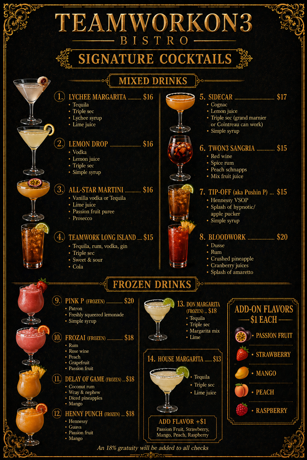 TeamworkOn3 Bistro Signature Cocktails Menu